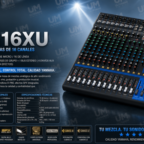 YAMAHA MG16XU Mesa de mezclas de 16 canales: máximo 10 entradas de micro/16 de línea (8 mono + 4 estéreo); 4 buses de grupo + 1 bus estéreo; 4 envíos AUX (incluyendo envío para efectos).