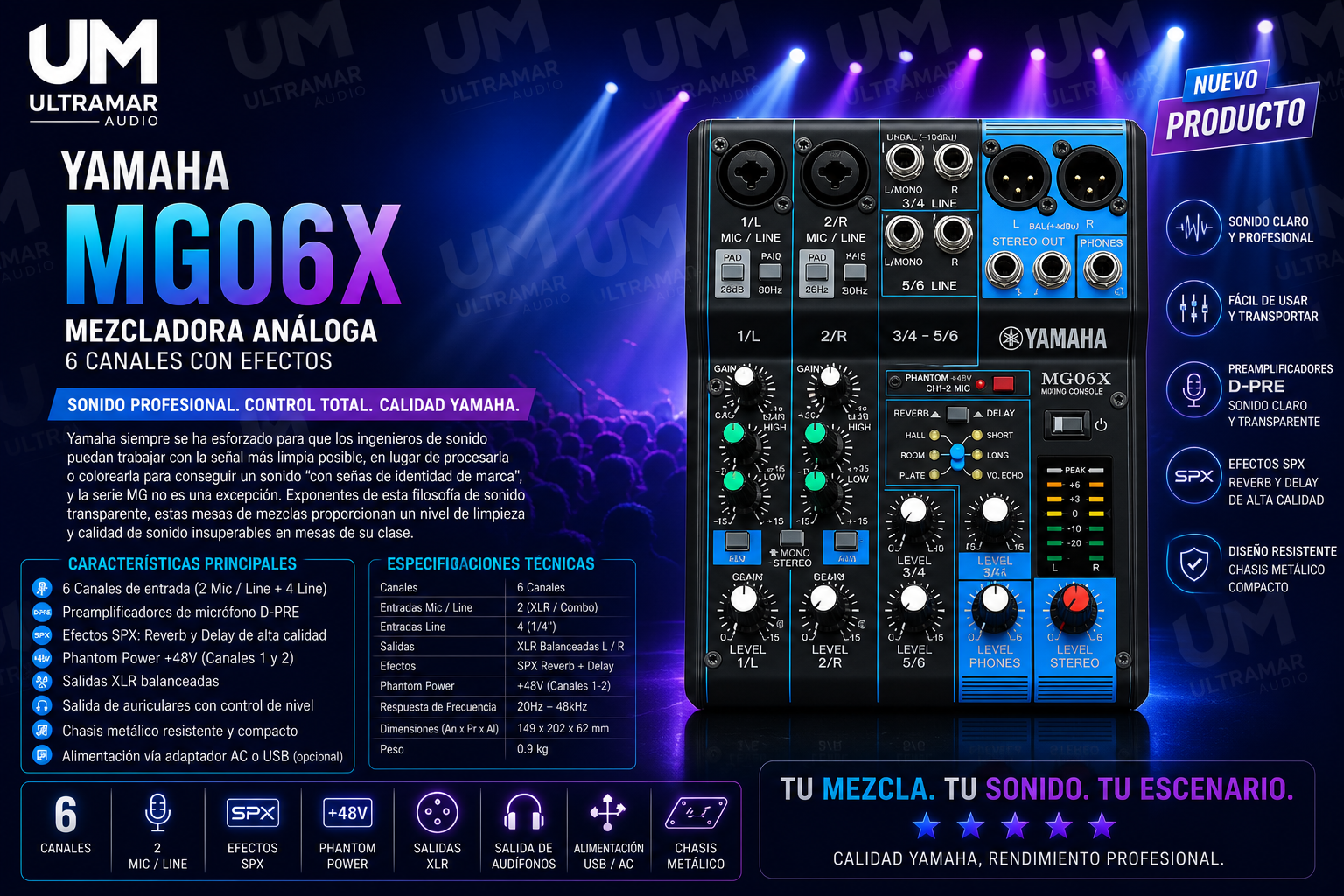 Yamaha MG06X Mezcladora Análoga 6 Canales con Efectos - Imagen 2