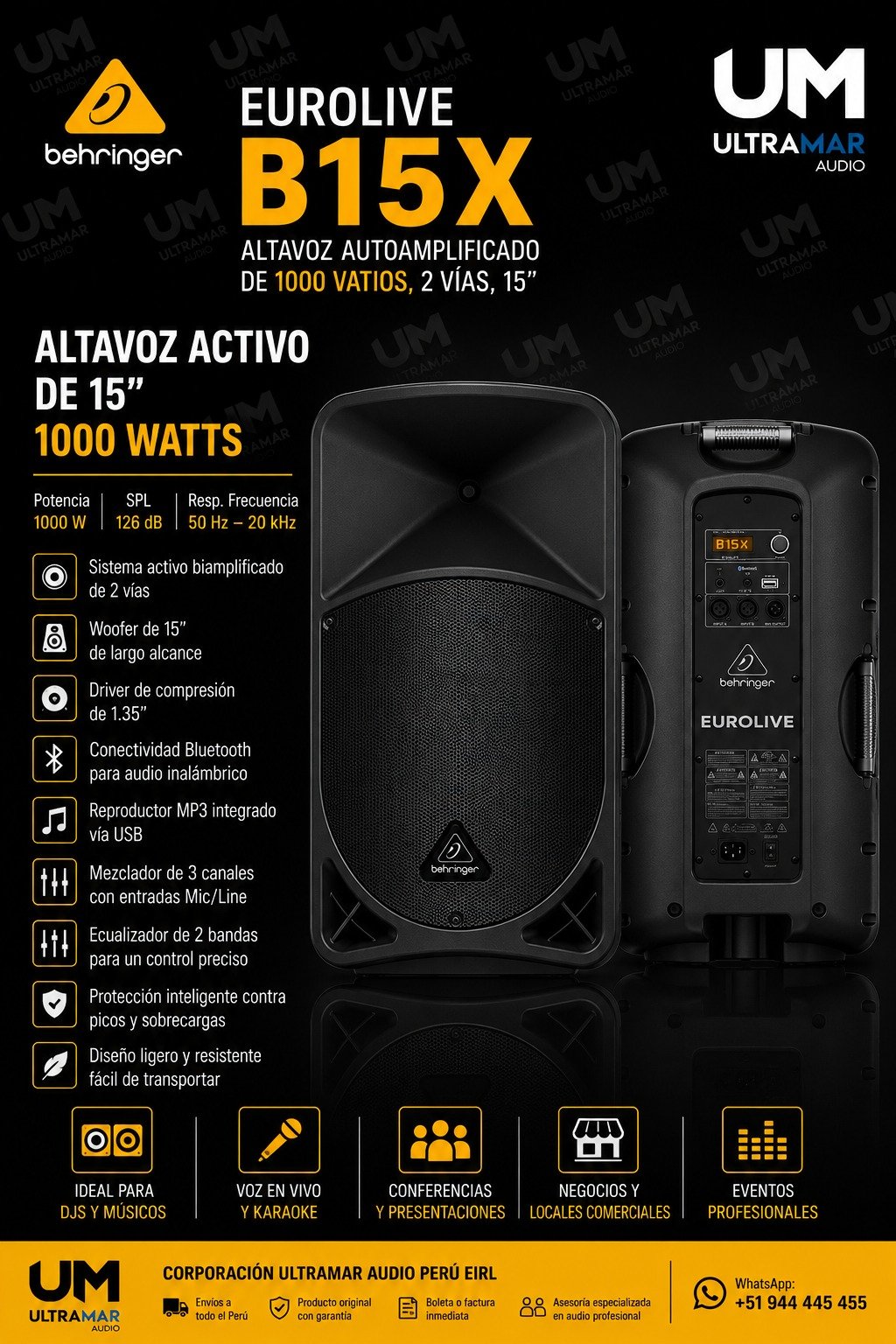 Behringer Eurolive B15X Altavoz autoamplificado de 1000 vatios, 2 vías, 15" - Imagen 4