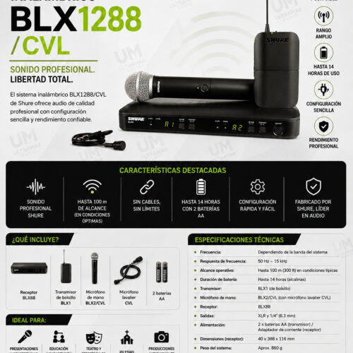 SHURE BLX1288/CVL Sistema inalámbrico dual de Mano y Solapa