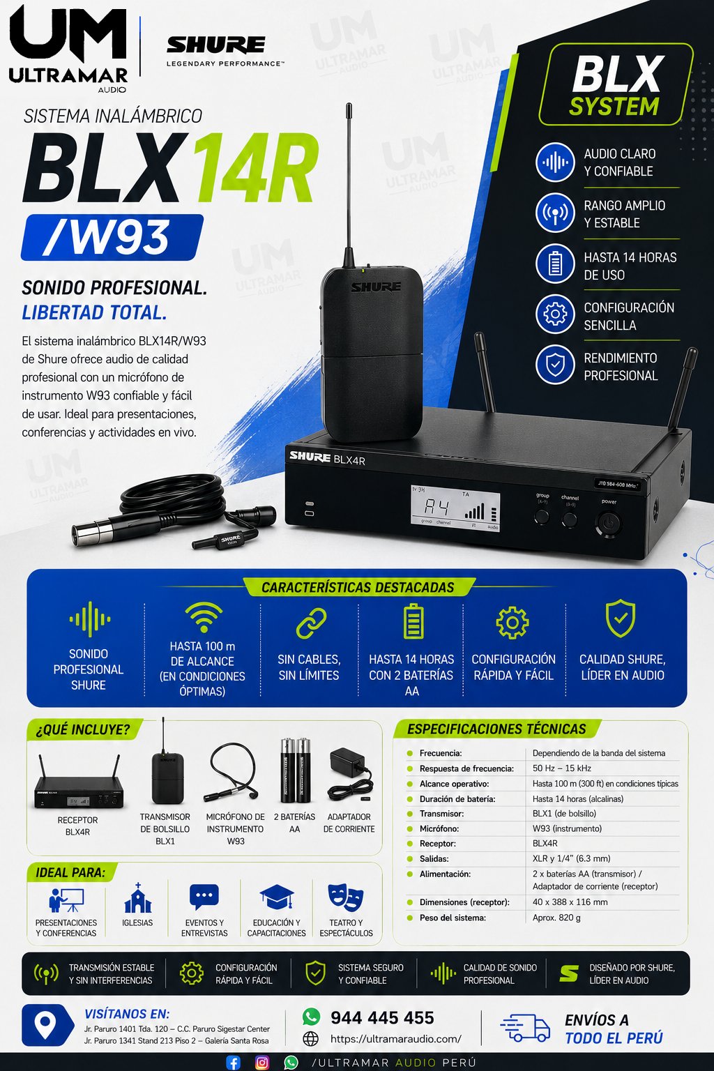 SHURE BLX14R/W93 Sistema de micrófono Lavalier inalámbrico