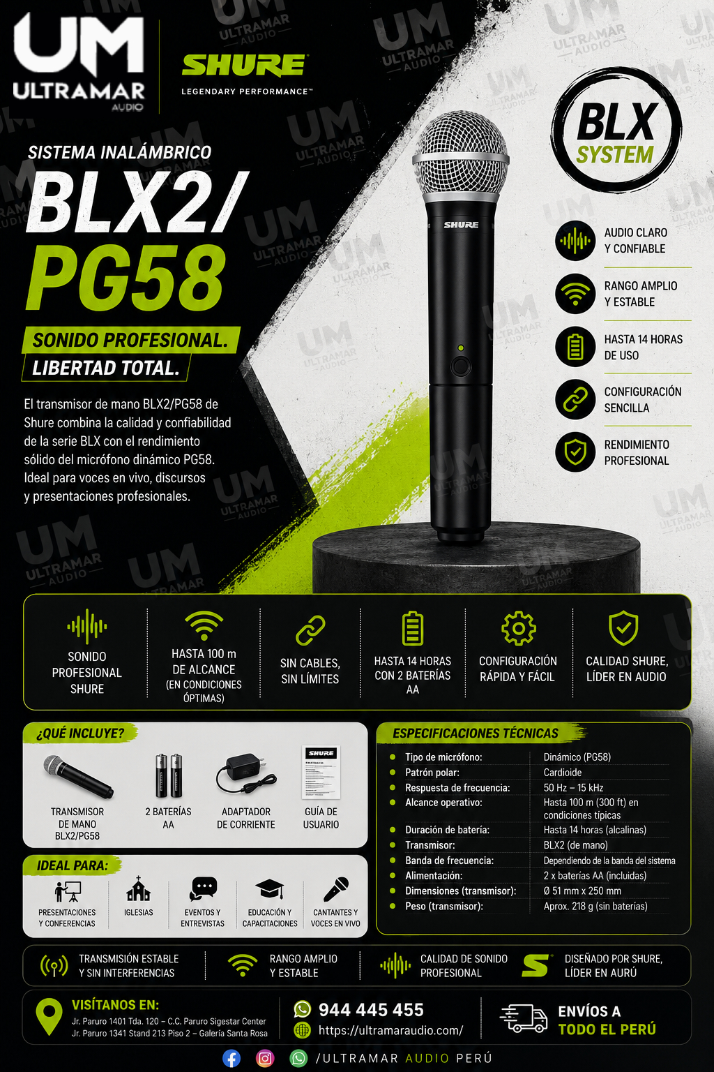 SHURE BLX2/PG58 Transmisor de micrófono de mano inalámbrico