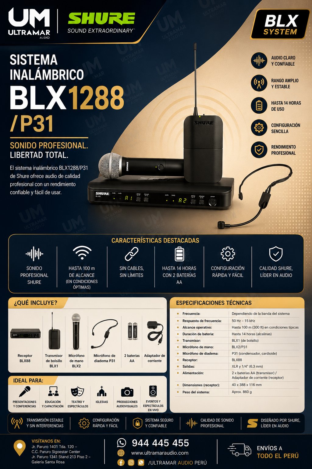 SHURE BLX1288/P31 Sistema de Micrófono Inalámbrico en combo
