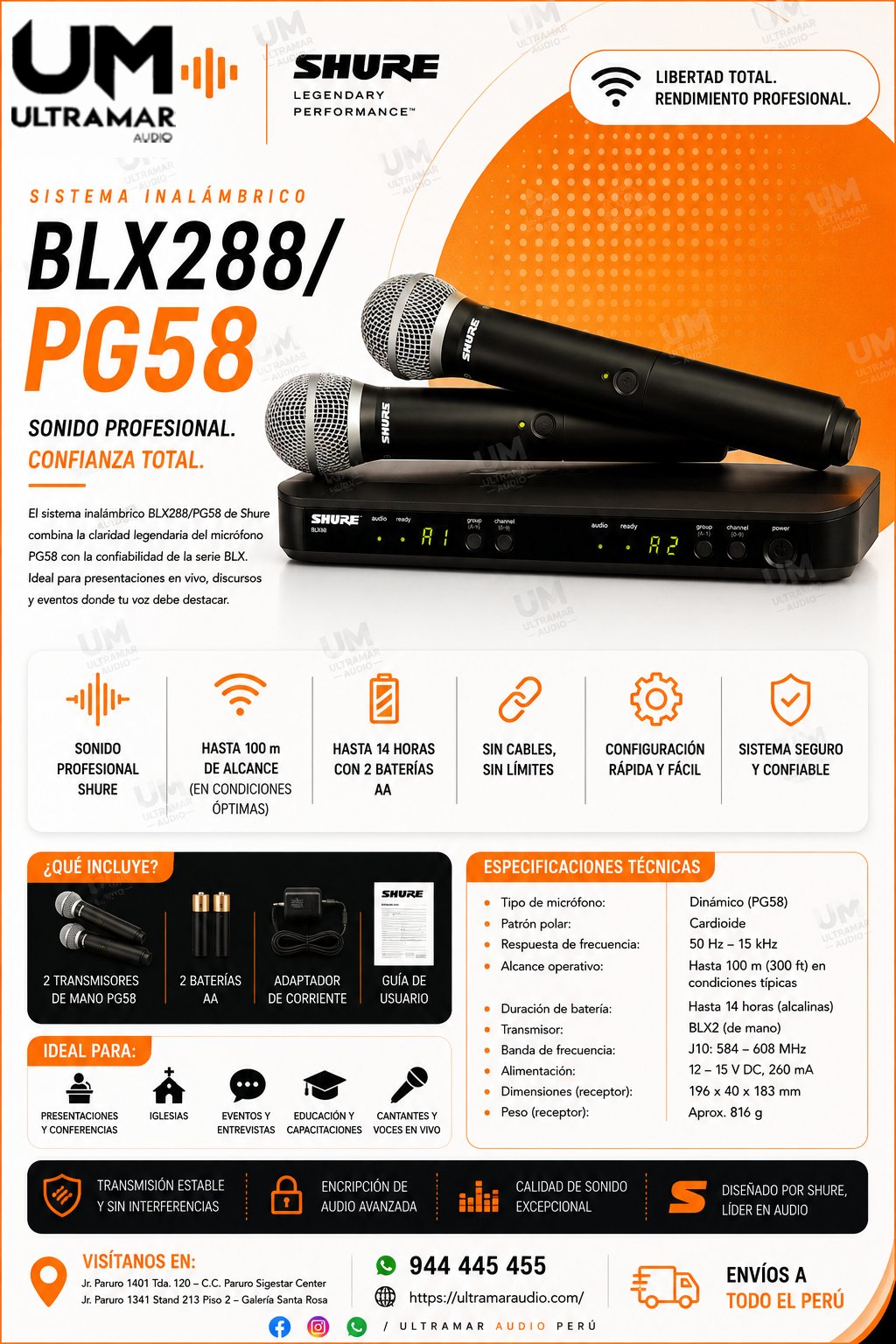 Shure BLX288/PG58 Sistema Inalámbrico dual para Voz