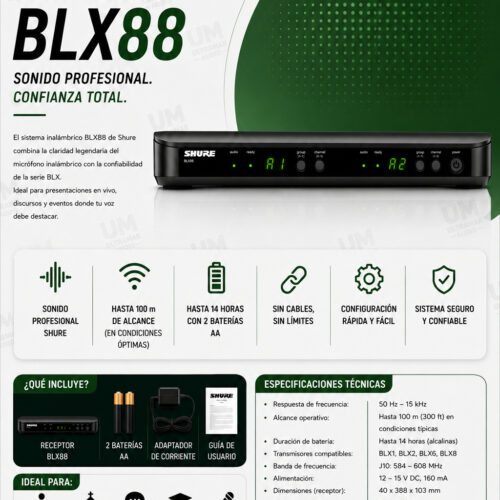 SHURE BLX88 Receptor inalámbrico dual para sistemas inalámbricos BLX