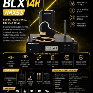 SHURE BLX14R/MX53 Sistema inalámbrico para presentador, de montaje en rack, con micrófono earset MX53