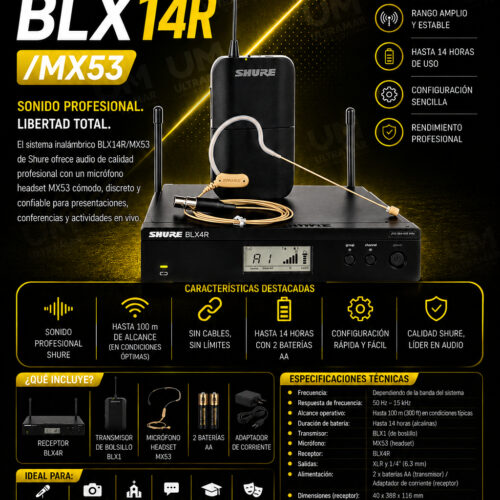 SHURE BLX14R/MX53 Sistema inalámbrico para presentador, de montaje en rack, con micrófono earset MX53
