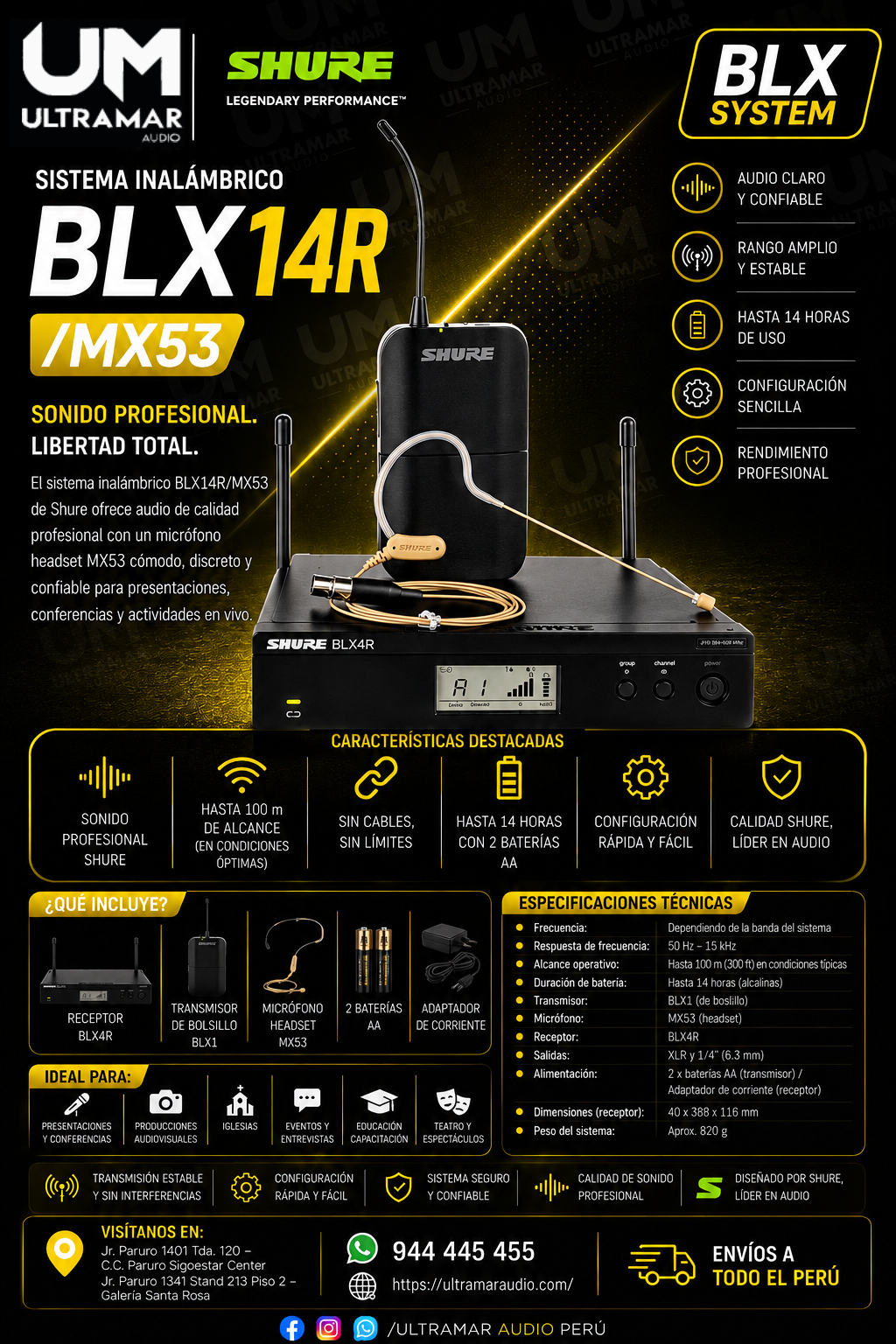 SHURE BLX14R/MX53 Sistema inalámbrico para presentador, de montaje en rack, con micrófono earset MX53