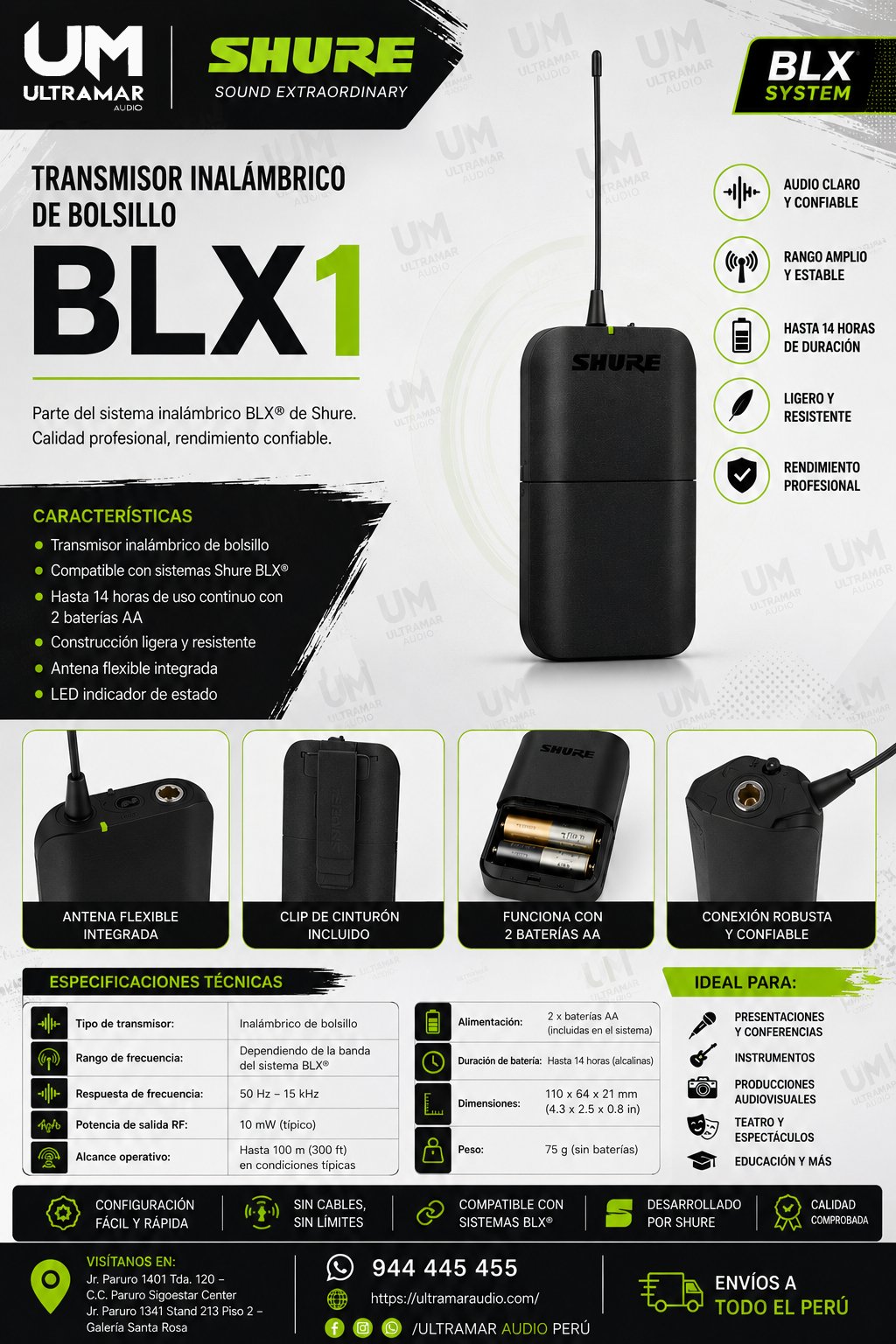SHURE BLX1 Transmisor inalámbrico Bodypack