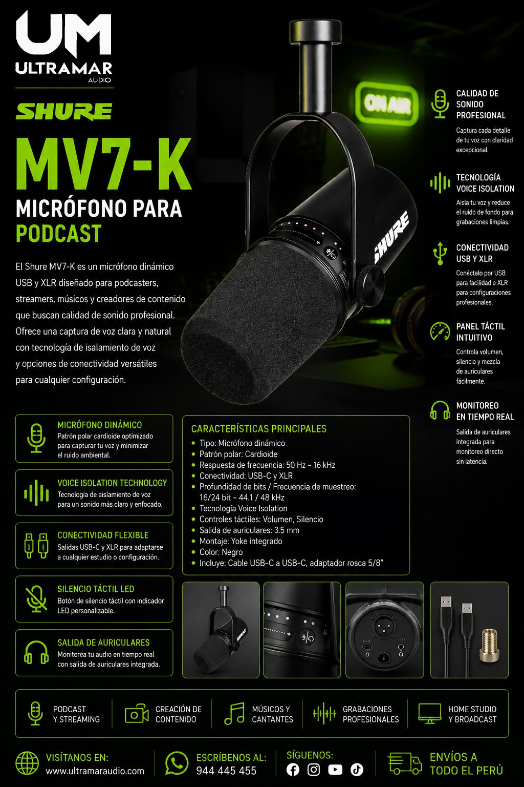 SHURE MV7-K Micrófono para Podcast
