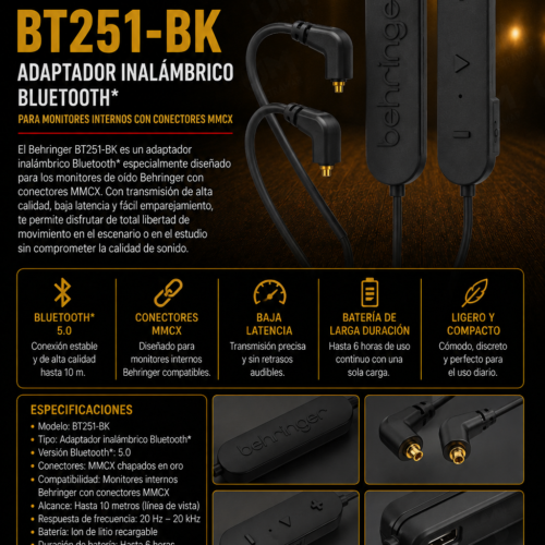 BT251-BK | Behringer | Adaptador inalámbrico Bluetooth* para monitores internos con conectores MMCX