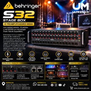 Behringer S32 Stage Box con 32 preamplificadores Midas con control remoto, 16 salidas y red AES50 con tecnología Klark Teknik SuperMAC