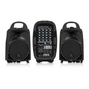 Behringer PPA500BT Sistema PA portátil ultracompacto de 500 vatios y 6 canales con tecnología inalámbrica Bluetooth, opción de micrófono inalámbrico, procesador Klark Teknik Multi-FX y detección de retroalimentación FBQ