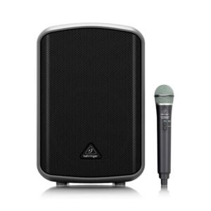 Behringer MPA200BT Altavoz portátil todo en uno de 200 vatios con micrófono inalámbrico, control remoto a través de un teléfono inteligente, transmisión de audio por Bluetooth y funcionamiento con batería