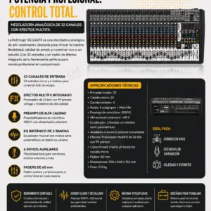 Behringer SX3242FX Mezclador de estudio/en vivo de 32 entradas y 4 buses con preamplificadores de micrófono XENYX, ecualizador británico y procesador dual multiefectos