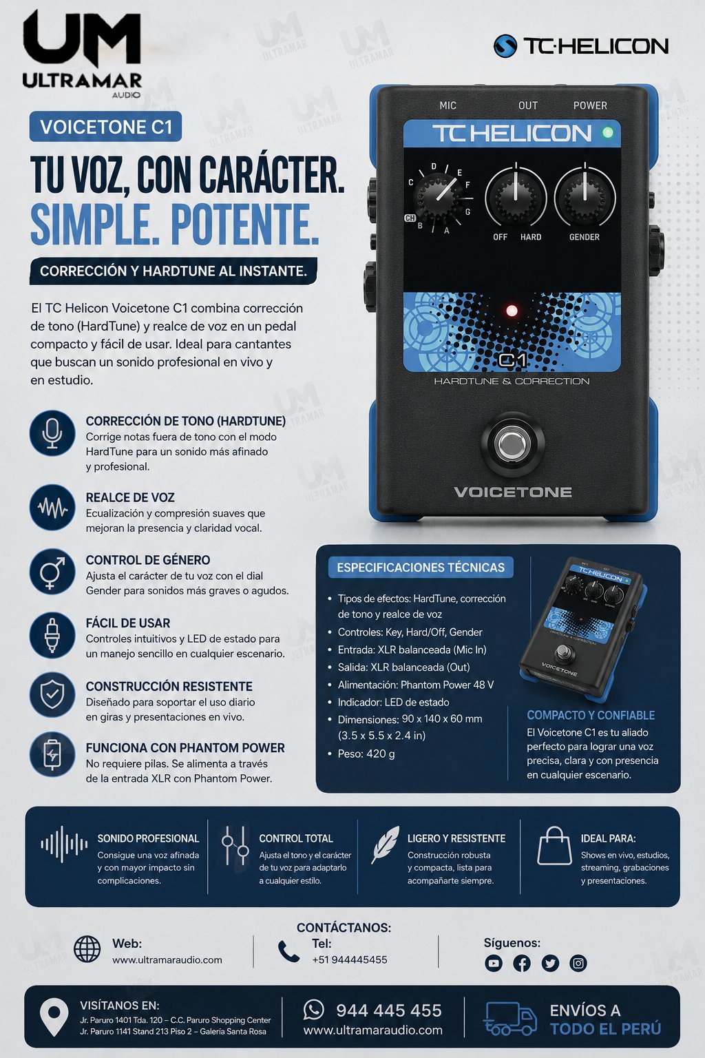 TC Helicon VOICETONE C1 Stompbox simple de 1 botón para corrección de tono flexible