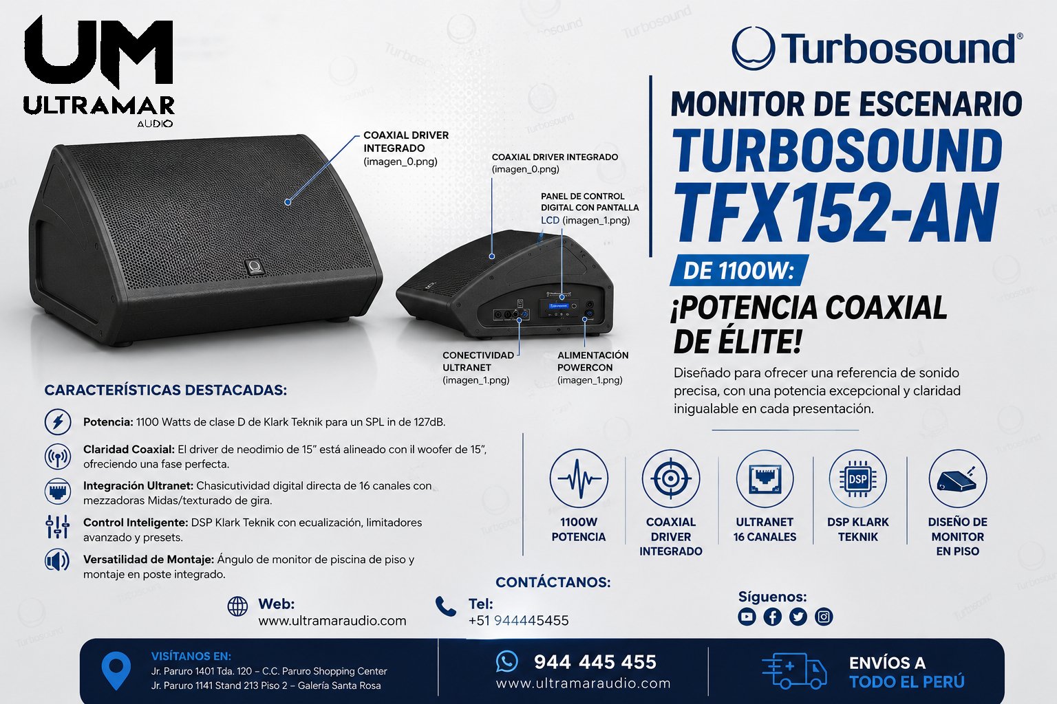 TFX152-AN | Turbosound | Monitor coaxial de 1100W 2-Way 15" Stage con tecnología Klark Teknik DSP y ULTRANET