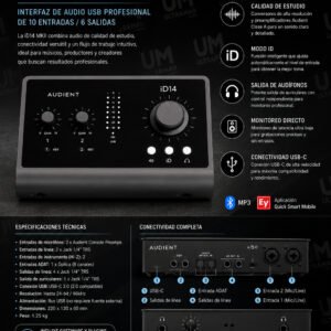 AUDIENT ID14 MKII INTERFAZ USB EXPANDIBLE, 10 IN (8 ADAT), 4 OUT, +66 DB GANANCIA, 24 BITS 96 KHZ REALES