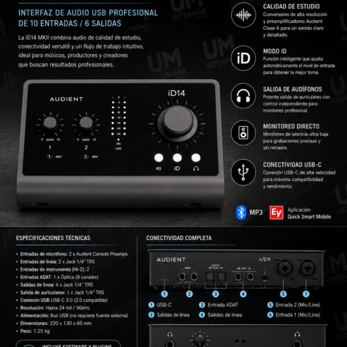 AUDIENT ID14 MKII INTERFAZ USB EXPANDIBLE, 10 IN (8 ADAT), 4 OUT, +66 DB GANANCIA, 24 BITS 96 KHZ REALES