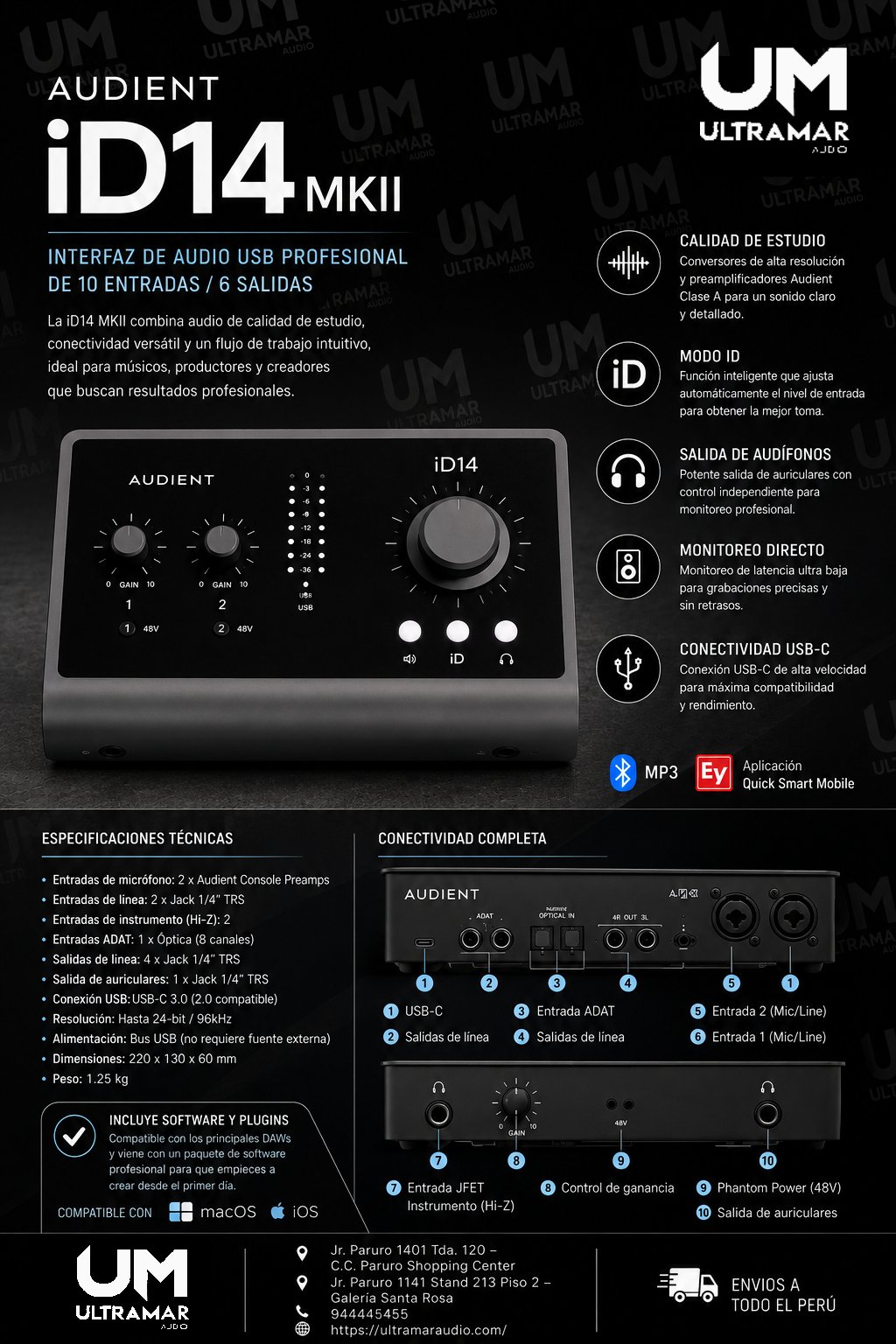 AUDIENT ID14 MKII INTERFAZ USB EXPANDIBLE, 10 IN (8 ADAT), 4 OUT, +66 DB GANANCIA, 24 BITS 96 KHZ REALES