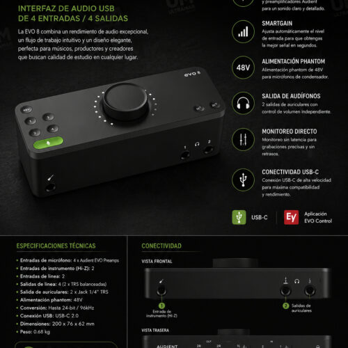 EVO8 | AUDIENT - EVO | INTERFAZ COMPACTO USB, 4 IN, 4 OUT, C/SMARTGAIN, +58 DB GANANCIA, 24 BITS 96 KHZ REALES "AUDIENT"