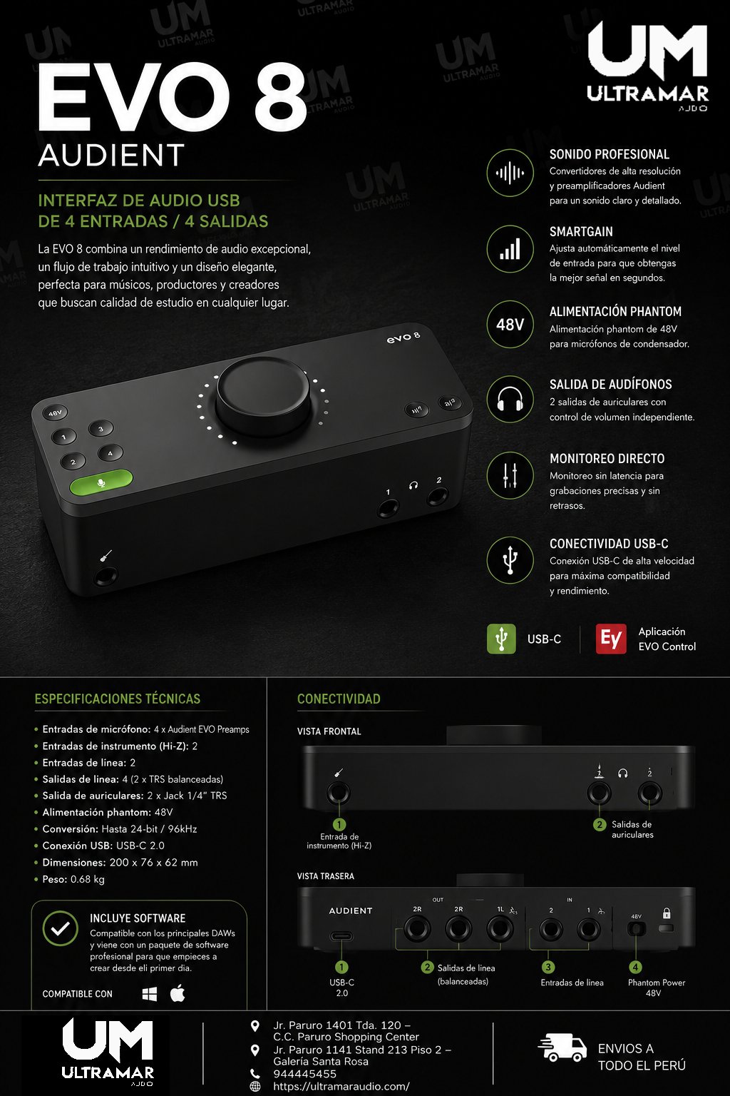 EVO8 | AUDIENT - EVO | INTERFAZ COMPACTO USB, 4 IN, 4 OUT, C/SMARTGAIN, +58 DB GANANCIA, 24 BITS 96 KHZ REALES "AUDIENT"