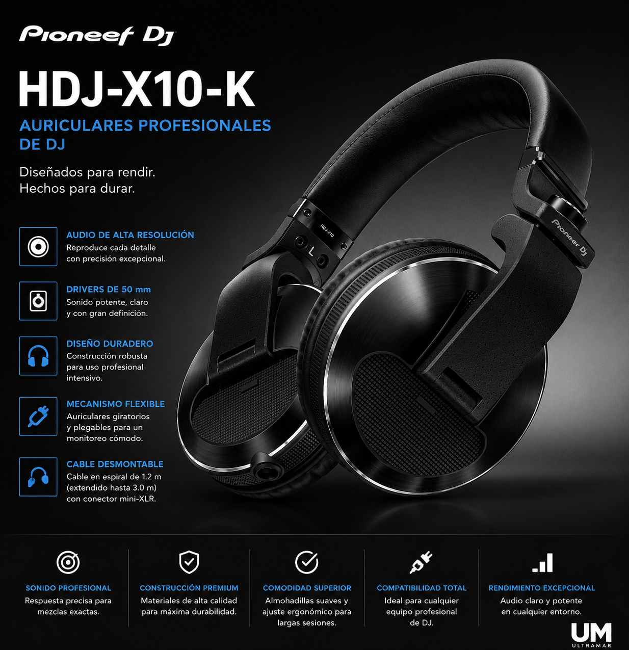 HDJ-X10-K | Pioneer | Auriculares DJ profesionales tipo diadema (Negro)