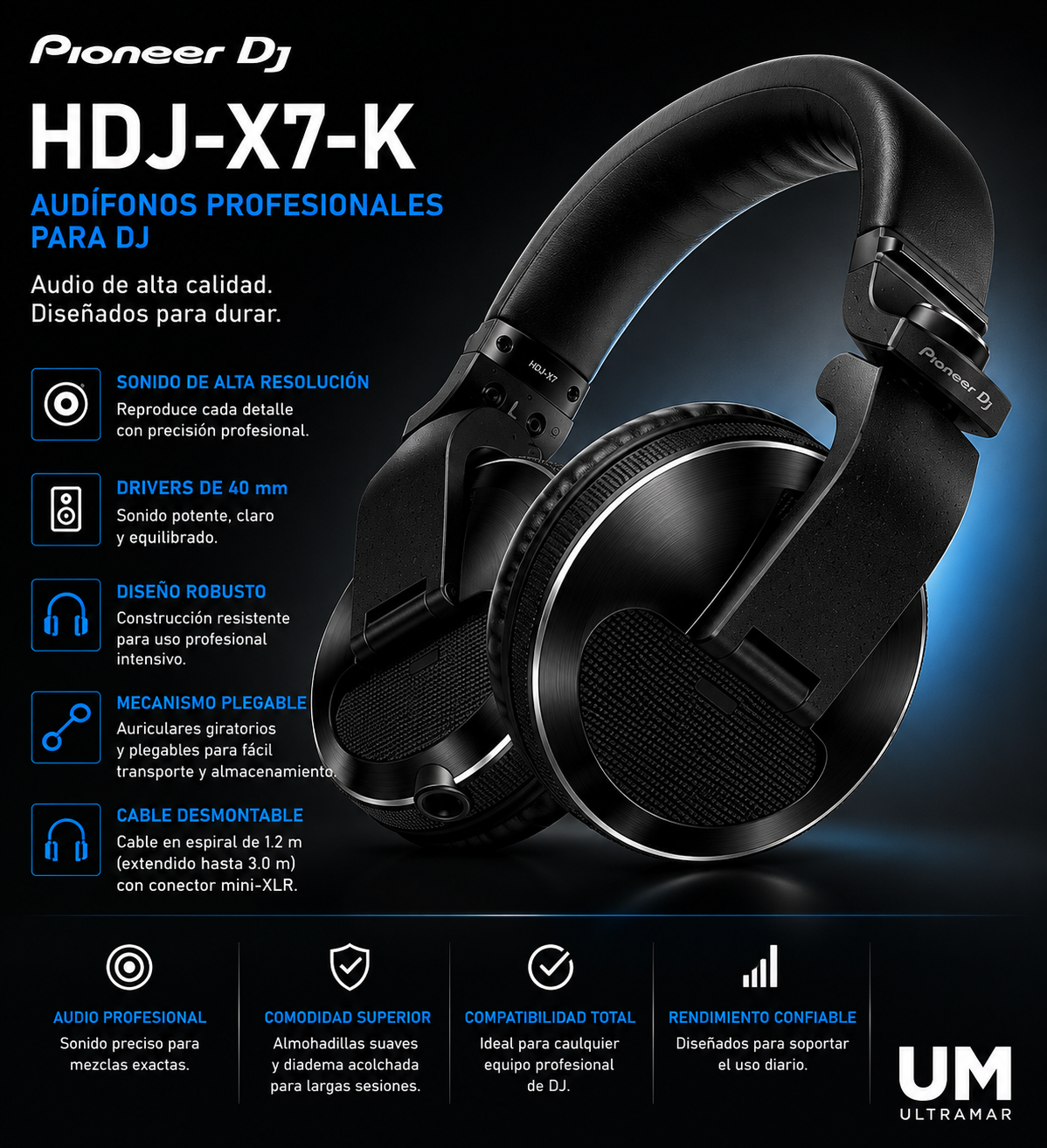 Pionner HDJ-X7-K Audífonos circumaurales para DJ (Negro)