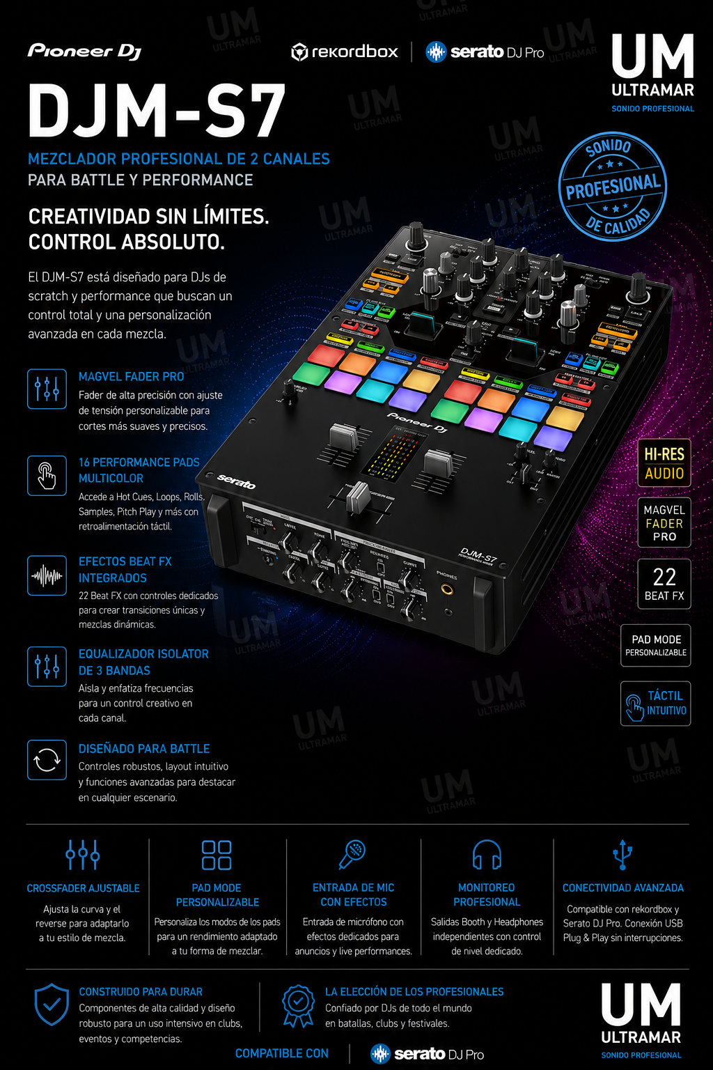 Pioneer DJM-S7 Mesa de mezclas de 2 canales para Scratch