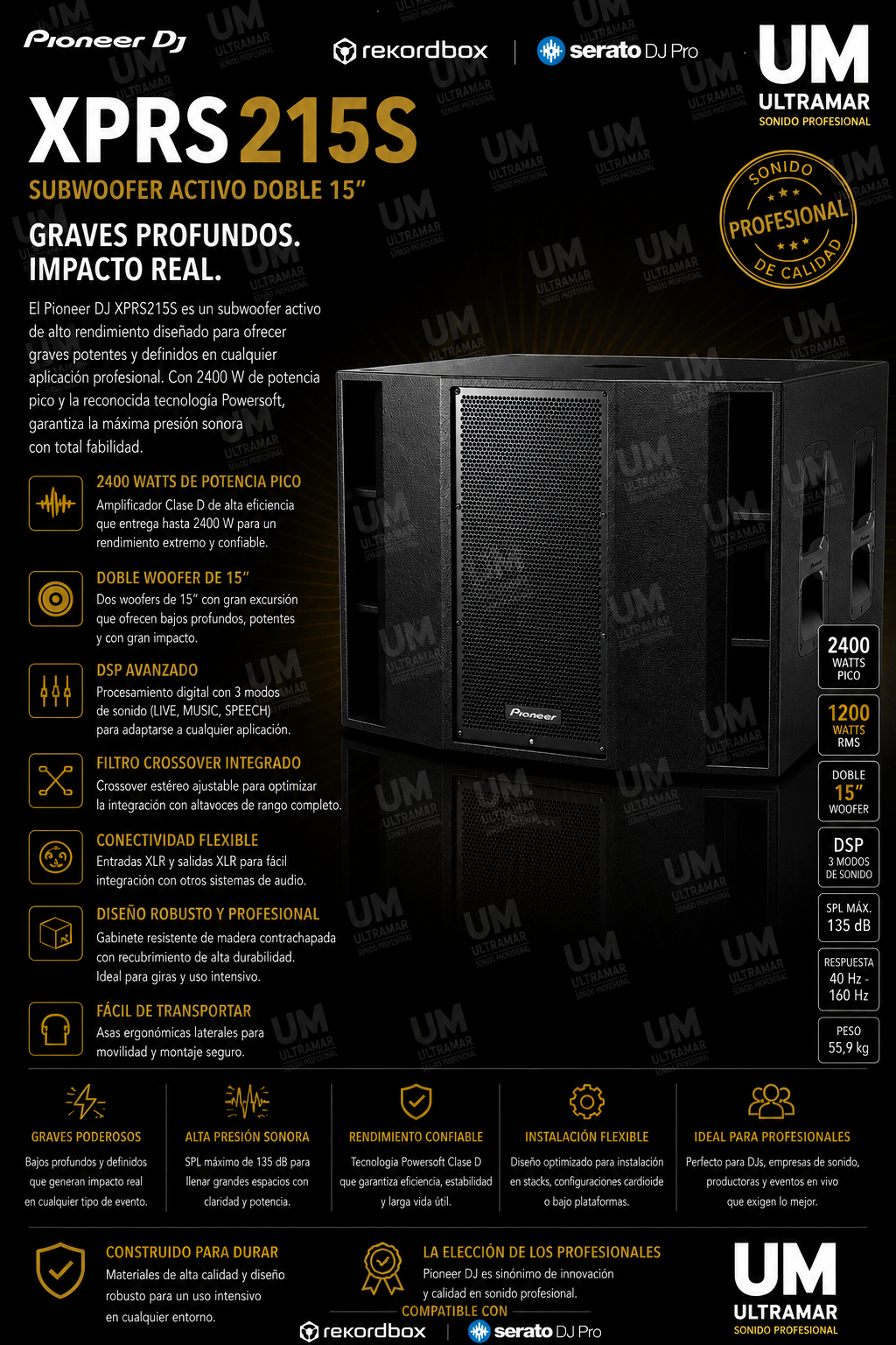Pioneer XPRS215S Subwoofer activo doble de 15"