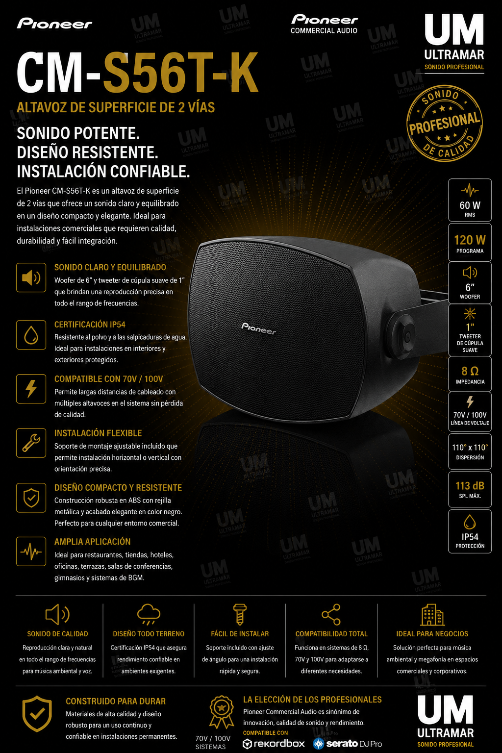 PIONNER CM-S56T-K Altavoz de montaje en superficie de 6"