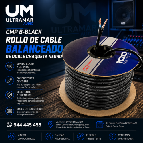 CMP B-BLACK Rollo de Cable Balanceado de doble Chaqueta Negro