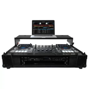 ODYSSEY FZGSMCX8000W2BL Caja de vuelo Denon MCX8000 negra con espacio en rack de 2U, ruedas y plataforma de planeo