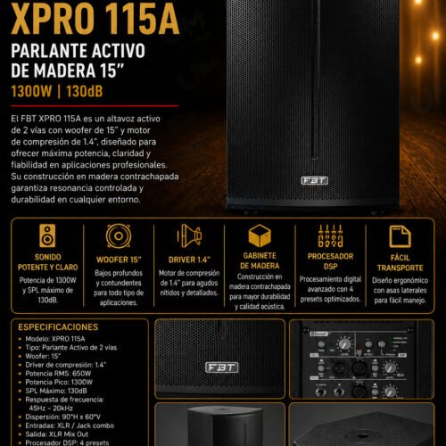 FBT XPRO 115A Parlante Activo de madera 15" 1300W 130dB