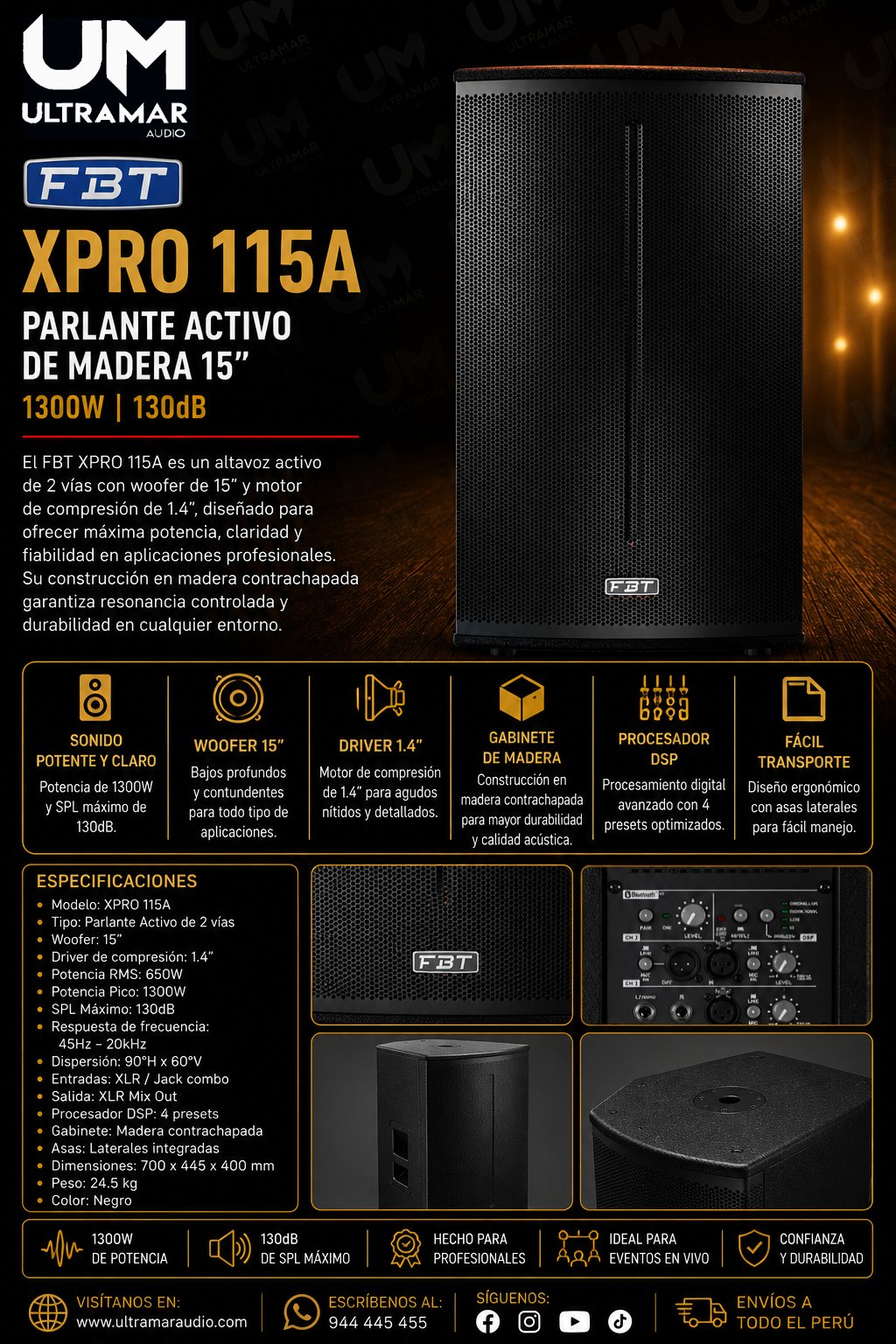 FBT XPRO 115A Parlante Activo de madera 15" 1300W 130dB