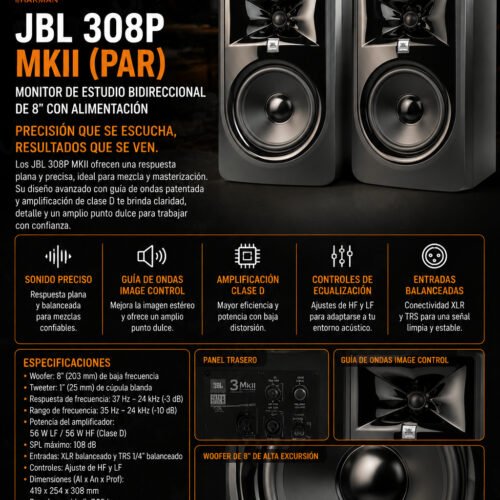 JBL 308P MKII (PAR) Monitor de estudio bidireccional de 8" con alimentación