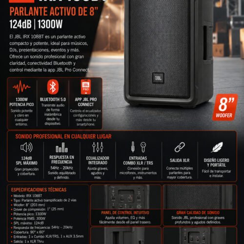 JBL IRX 108BT Parlante activo de 8" 124dB 1300W
