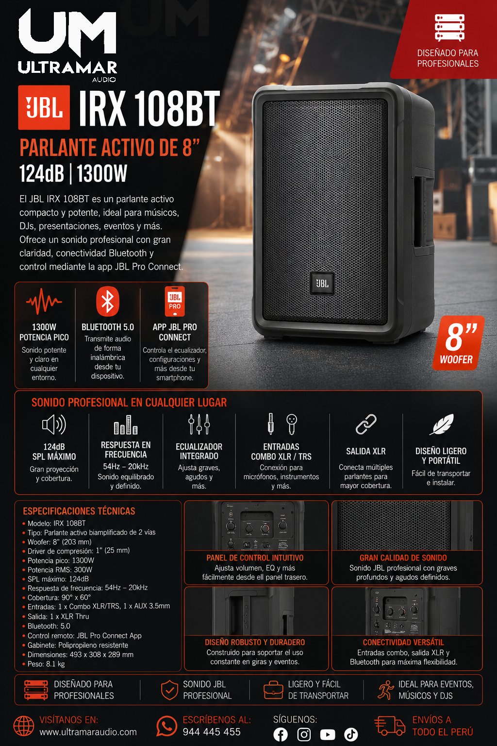 JBL IRX 108BT Parlante activo de 8" 124dB 1300W
