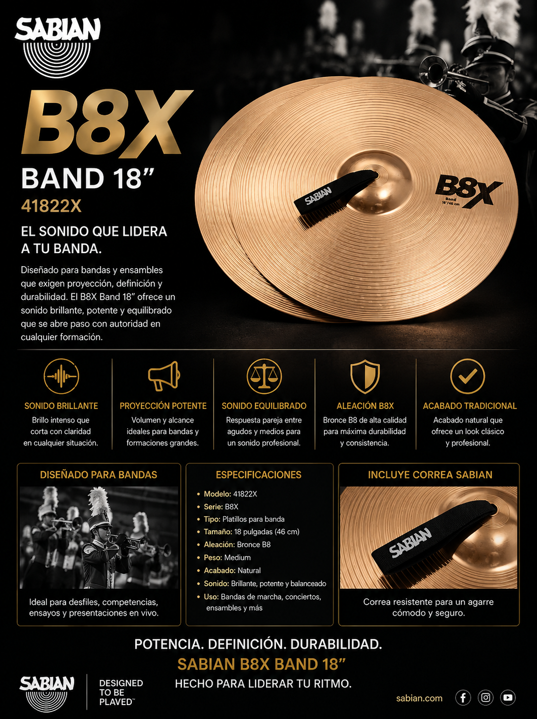 Sabian 41822X PLATILLO PARA BANDA 18" B8X BAND - Imagen 2