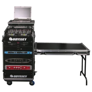 ODYSSEY FZGS1116WDLX Deluxe 11U Top Slanted 16U Bottom Vertical Pro Combo Rack con ruedas, mesa auxiliar y plataforma de deslizamiento