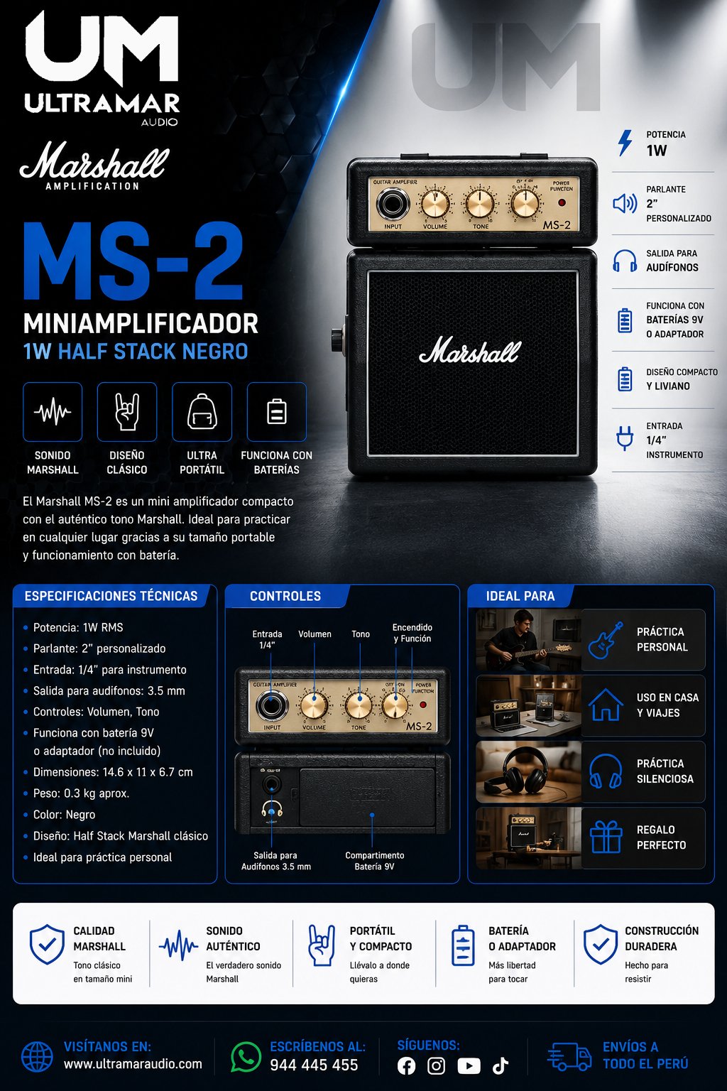 Marshall MS-2 MINIAMPLIFICADOR 1W HALF STACK NEGRO