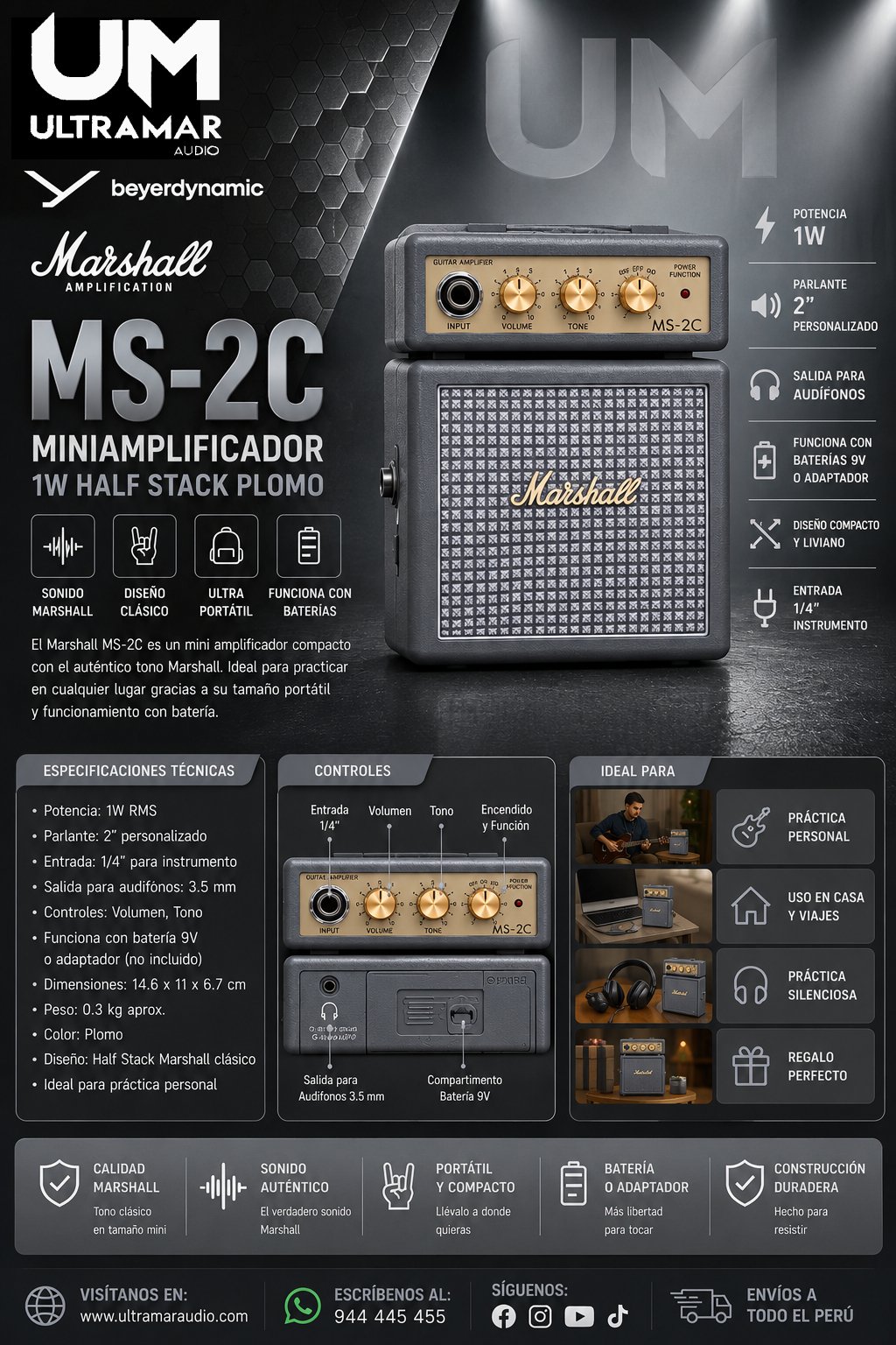 Marshall MS-2C | MINIAMPLIFICADOR 1W HALF STACK PLOMO