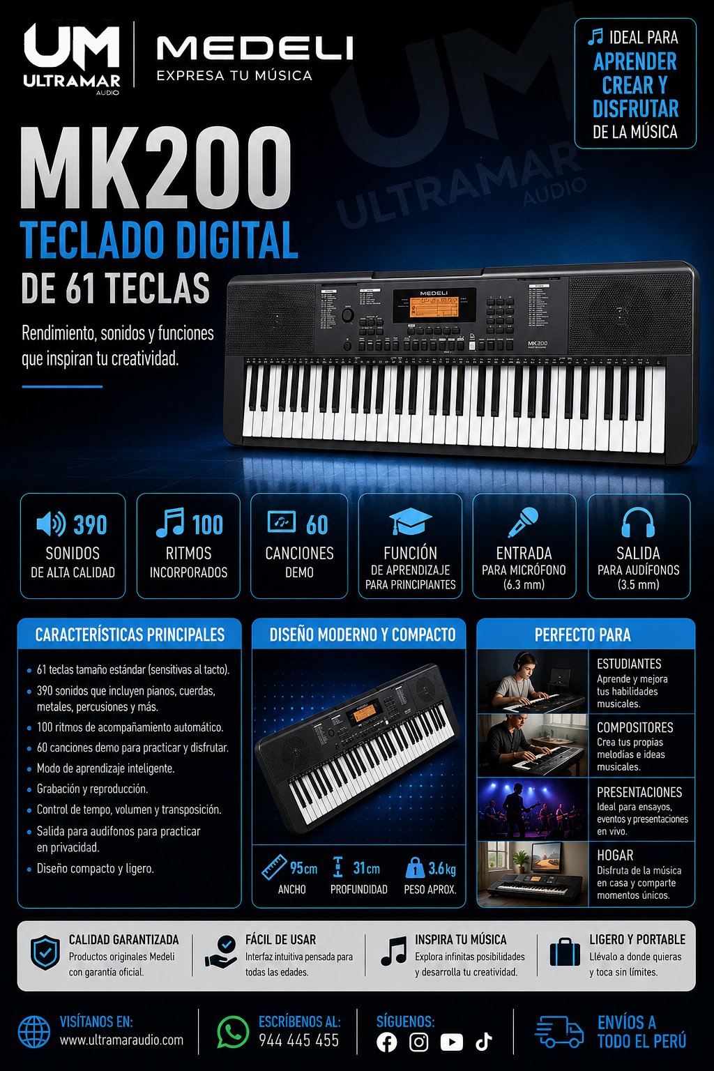 MED-MK200 | Medeli | KEYB 61 TECLAS, VOCES 585, POLIF 64, PARL 2 X 2.5W, USB MIDI