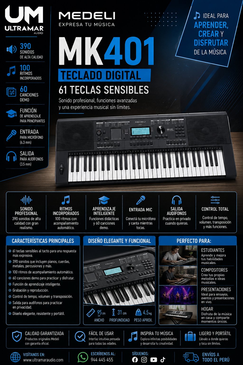 Medeli MED-MK401 KEYB 61 TECLAS SENS XY-PAD, SD CARD, USB MIDI