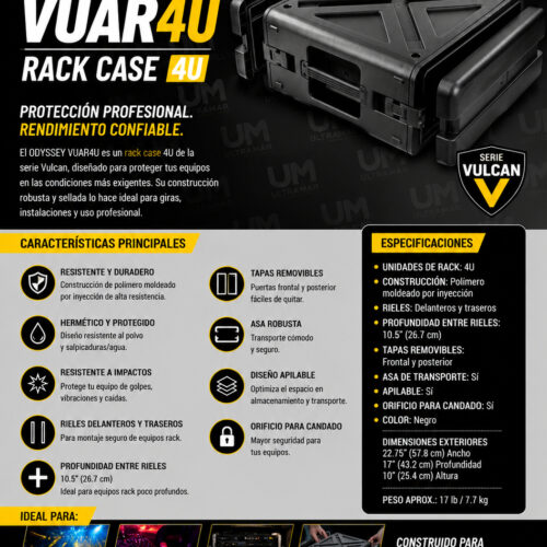 ODYSSEY VUAR4U Caja de bastidor 4U hermética a prueba de polvo moldeada por inyección Serie Vulcan