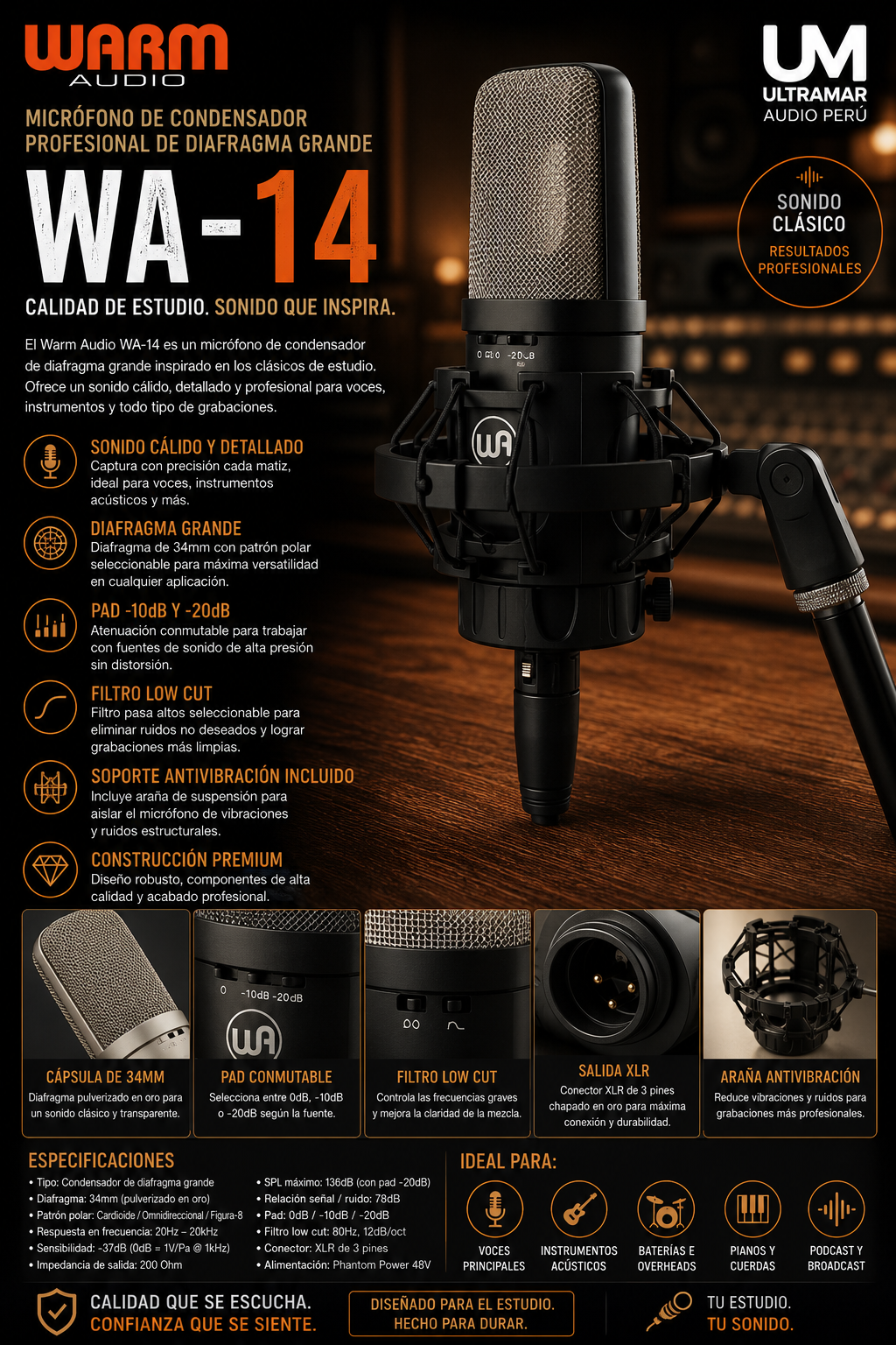 WA-14 | WARM AUDIO | Micrófono de condensador profesional de diafragma grande - Imagen 6