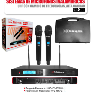 MACKENZIE UHF-369 Sistema de Micrófono Inalámbrico Doble con UHF Multi Frecuencia