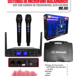 MACKENZIE  UHF-461 Sistema de Micrófono Inalámbrico Doble con UHF Multi Frecuencia