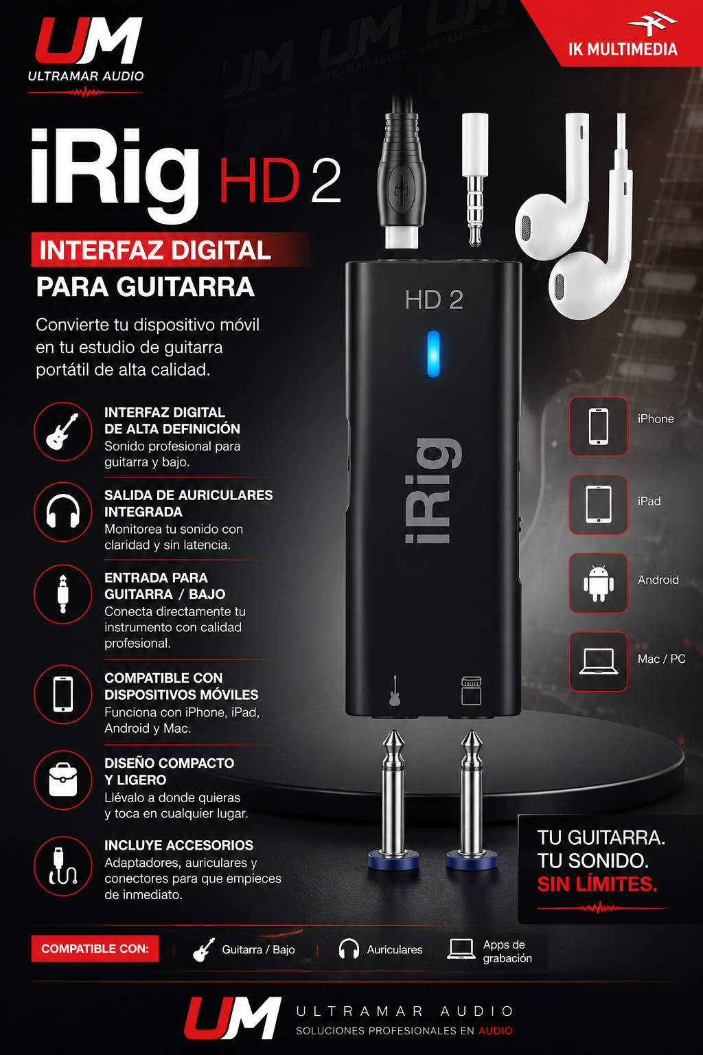 IK Multimedia iRig HD 2 Interface de Guitarra para Celular