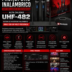 MACKENZIE UHF-482 Sistema de Micrófono Inalámbrico Doble con UHF Multi Frecuencia